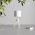 Wooden Tripod Table Lamp With White Shade On Gray Tabletop Near Books And Green Leaves