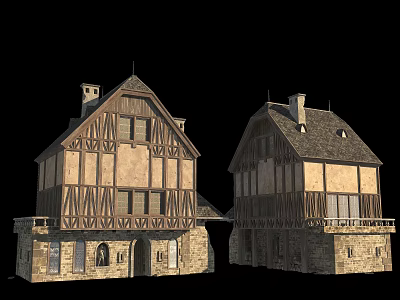 Ancient Architecture With Timber Frame Structure Stone Walls And Sloped Roof Design 3d model