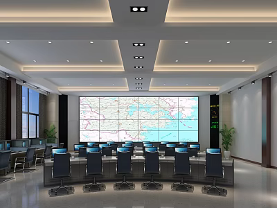 Modern Control Room Interior With Large Display Wall Multiple Consoles And Ergonomic Chairs 3d model