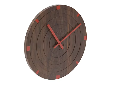 Round Wooden Wall Clock With Concentric Circle Texture Red Hands And Markers 3d model