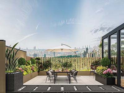 Stylish Home Balcony with Outdoor Dining Set Green Plants Sunshade Umbrella and City Skyline View 3d model
