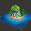 Modern Tropical Island Scene With Sandy Beach Green Trees Thatched Hut And Blue Water