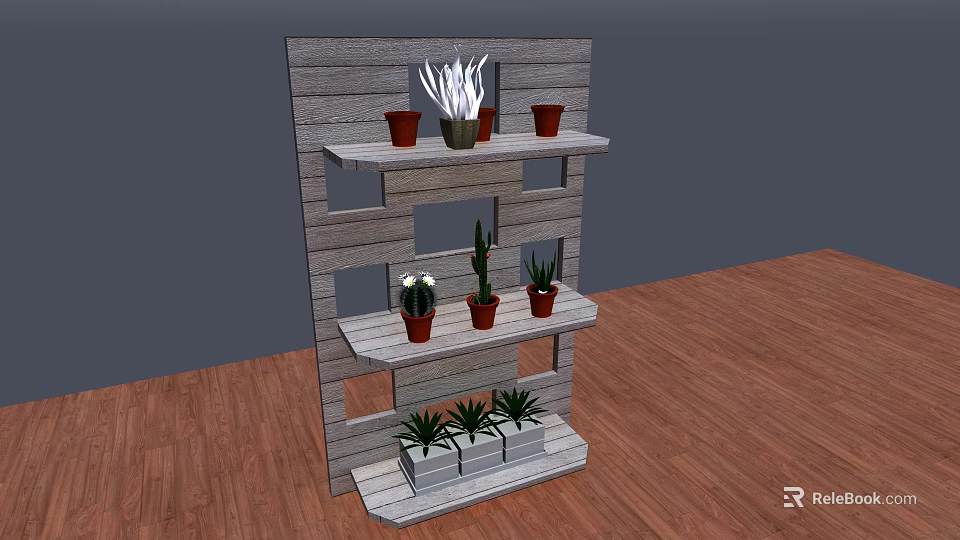 Wooden Multi Tier Garden Decor Shelf With Potted Plants And Greenery 3d model 