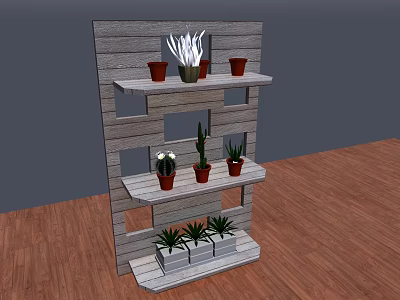 Wooden Multi Tier Garden Decor Shelf With Potted Plants And Greenery 3d model