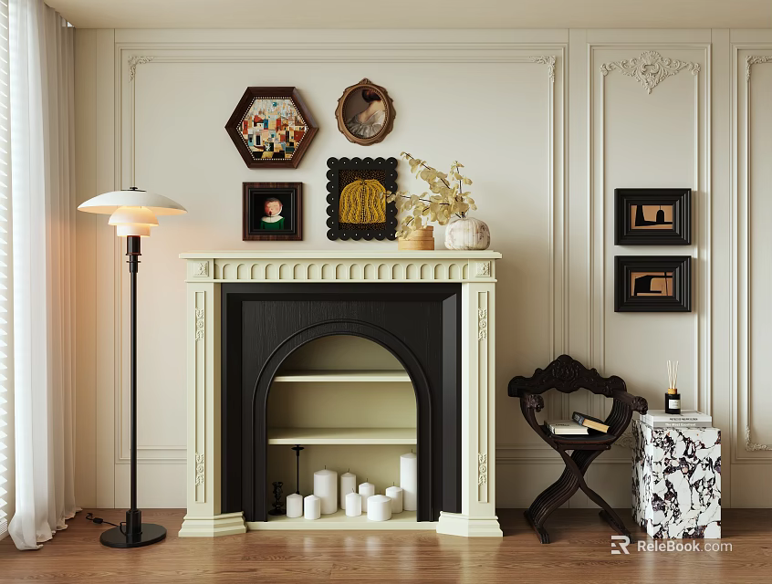 Classic Fireplace with White Walls Decorative Frames Floor Lamp White Candles and Side Table 3d model 