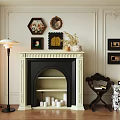 Classic Fireplace with White Walls Decorative Frames Floor Lamp White Candles and Side Table