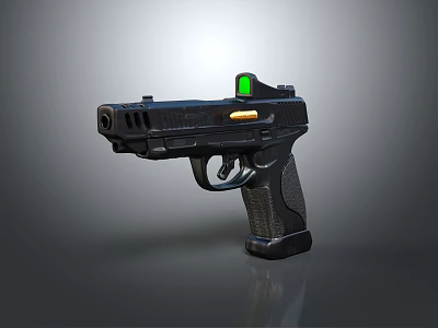 Black Modern Pistol With Green Sight Yellow Component And Textured Grip 3d model