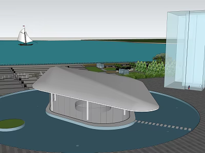 Modern Waterfront Sales Office Building with Circular Design White Roof Glass Structure and Surrounding Greenery 3d model