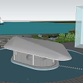 Modern Waterfront Sales Office Building with Circular Design White Roof Glass Structure and Surrounding Greenery