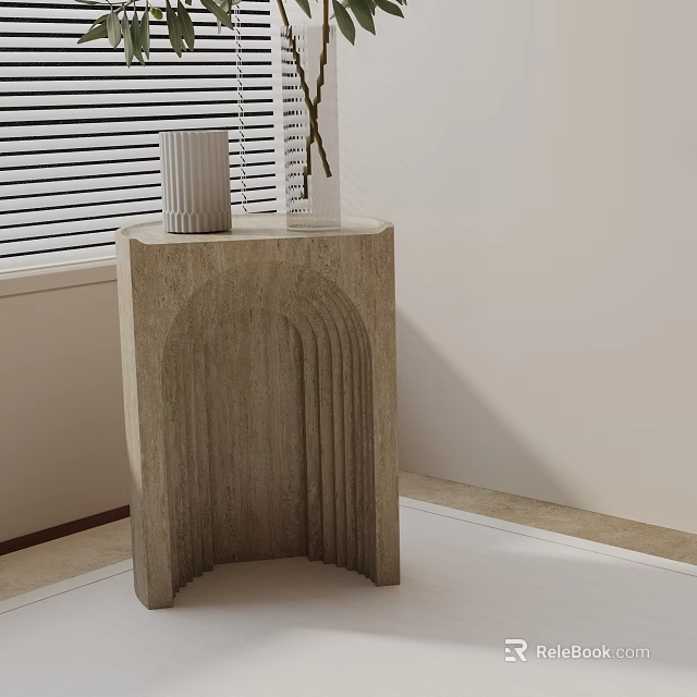 Stylish Modern Side Table With Arched Wooden Texture And Cylindrical Vase By Window With Blinds 3d model 