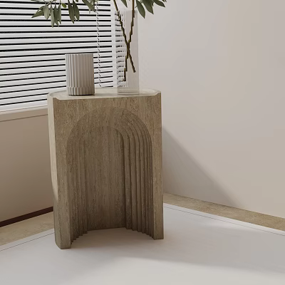 Stylish Modern Side Table With Arched Wooden Texture And Cylindrical Vase By Window With Blinds 3d model