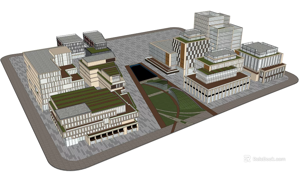 Modern Office Complex With Multiple Buildings Green Landscaping And Contemporary Design 3d model 