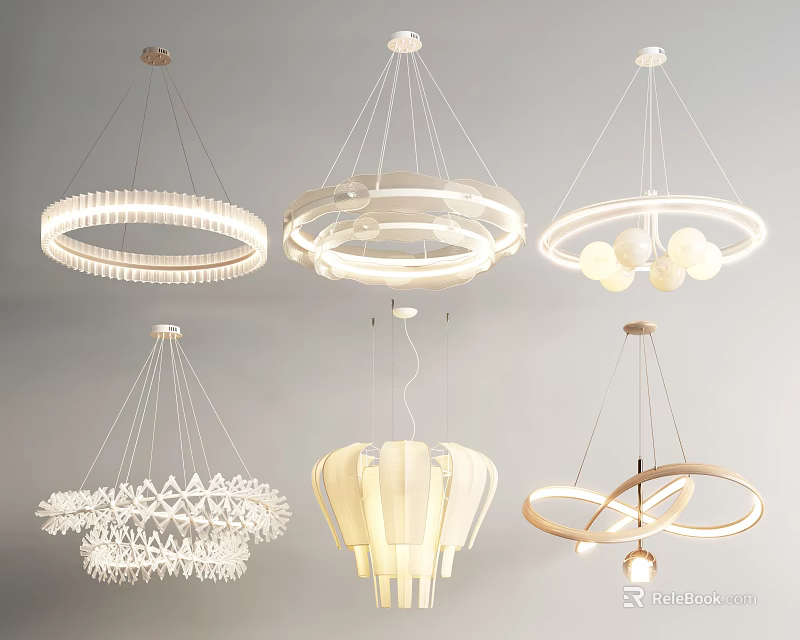 Modern Contemporary Chandeliers with Various Circular Geometric and Petal Shaped White Designs 3d model 