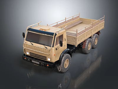 Beige Off Road Truck With Open Cargo Bed And Large Six Wheel Design 3d model