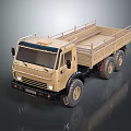 Beige Off Road Truck With Open Cargo Bed And Large Six Wheel Design
