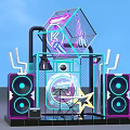 Modern Tech Style Stage Setup With Neon Lights Large Speakers Diamond Sign And Microphone Stand