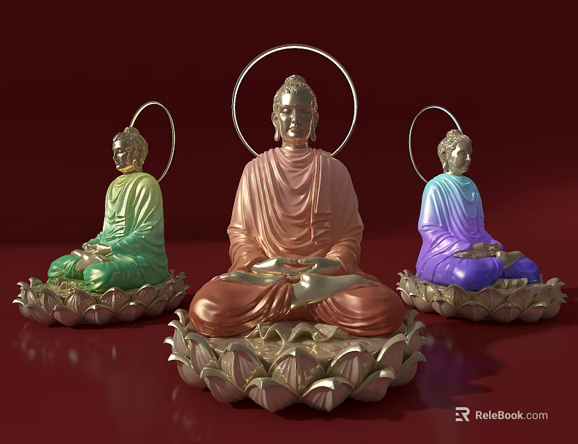 Colorful Buddha Sculptures with Halo Sitting on Intricate Lotus Bases 3d model 