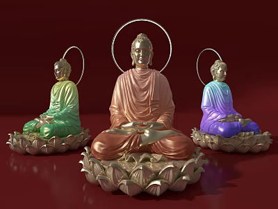 Colorful Buddha Sculptures with Halo Sitting on Intricate Lotus Bases 3d model