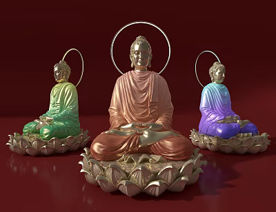 Colorful Buddha Sculptures with Halo Sitting on Intricate Lotus Bases 3d model