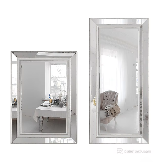 Modern Framed Mirror Reflecting Interior With Chair Table And Curtains 3d model 