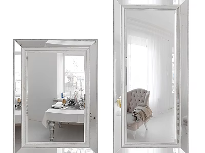 Modern Framed Mirror Reflecting Interior With Chair Table And Curtains 3d model