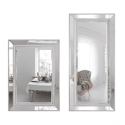 Modern Framed Mirror Reflecting Interior With Chair Table And Curtains 3d model