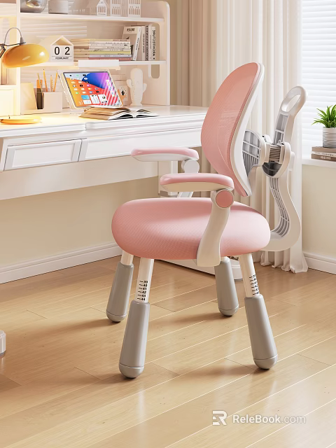 Pink Chair with Mesh Back White Armrests Gray Legs in Front of Desk Green Plant 3d model 