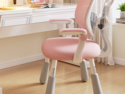 Pink Chair with Mesh Back White Armrests Gray Legs in Front of Desk Green Plant 3d model