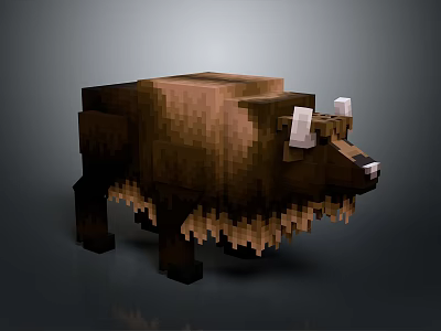 Pixelated 3D Bison Model With Brown Fur And White Horns In Pixel Art Style 3d model