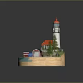 Cartoon Scene With Lighthouse Red Roof House Pine Trees Small Boat Blue Car And Water