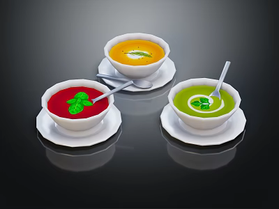 Colorful Soup Drinks with Red Yellow Green Varieties Fresh Mint Leaves White Bowls and Spoons 3d model