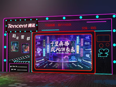 Tencent Themed Event Display With Neon Lights And Futuristic Stage Design 3d model
