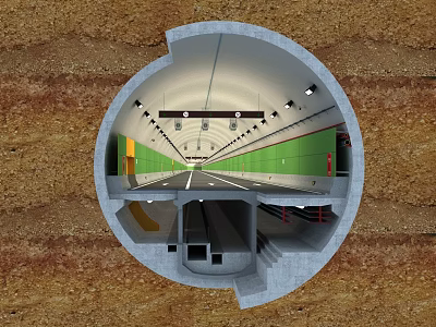 Underground Road Tunnel Infrastructure with Green Walls White Floor Lane Markings and Lighting 3d model