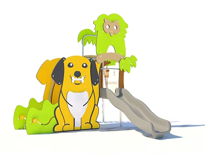 Colorful Animal Themed Playground Equipment With Yellow Dog Green Lion And Slide For Kids 3d model