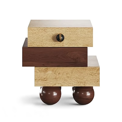 Modern Layered Side Table Featuring Light and Dark Wood Tones Round Legs and Drawer Knob 3d model