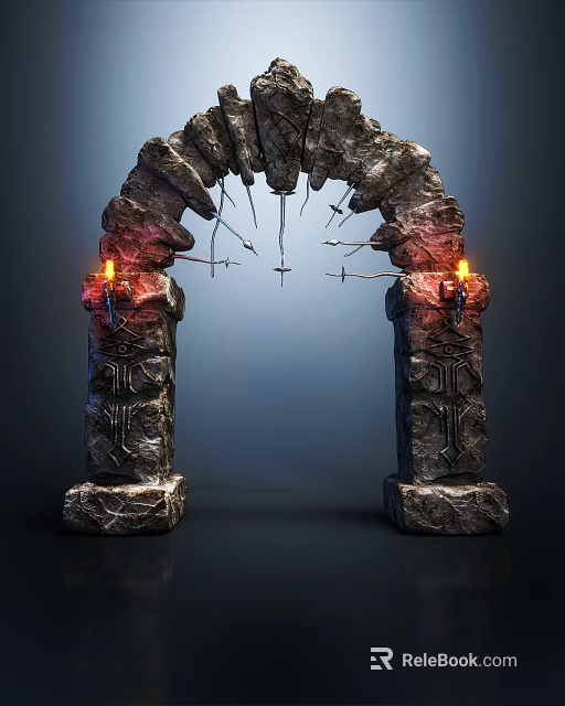 Ancient Stone Archway With Burning Torches Spikes And Carved Pillars 3d model 