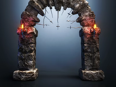 Ancient Stone Archway With Burning Torches Spikes And Carved Pillars 3d model