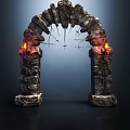 Ancient Stone Archway With Burning Torches Spikes And Carved Pillars
