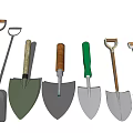Essential Hardware Tools Featuring Various Garden Shovels With Wooden And Green Handles 3d model