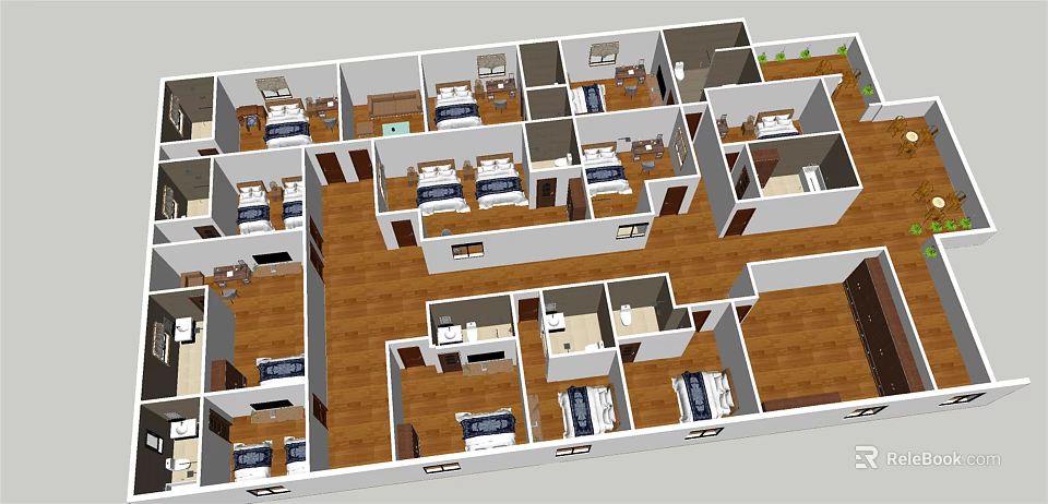 Hotel Rooms Interior Layout With Multiple Bedrooms And Wooden Flooring 3d model 