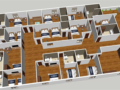 Hotel Rooms Interior Layout With Multiple Bedrooms And Wooden Flooring 3d model