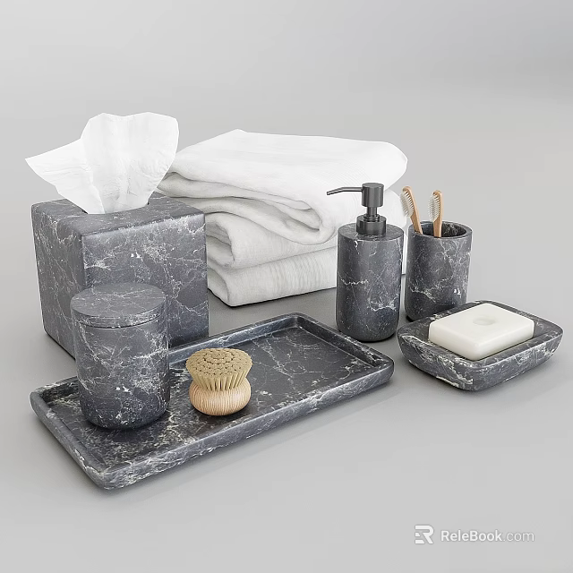 Marble Daily Washing Essentials Including Towels Tissue Box Soap Brush And Tray 3d model 