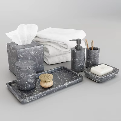Marble Daily Washing Essentials Including Towels Tissue Box Soap Brush And Tray 3d model