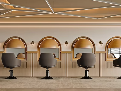 Warm Modern Beauty Hair Salon Interior Design With Arched Wooden Mirrors And Comfortable Hairdressing Chairs 3d model