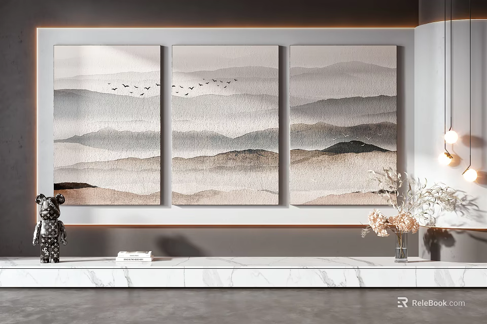 Modern Three Panel Landscape Paintings With Mountain Design And Flying Birds In Living Room Interior 3d model 
