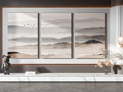 Modern Three Panel Landscape Paintings With Mountain Design And Flying Birds In Living Room Interior 3d model