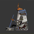 Cute Blue And White Robot With Orange Horns Holding Mop And Vacuum Cleaning Tools