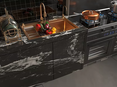 Modern Bathroom Vanity With Copper Sink Marble Countertop And Fruit 3d model