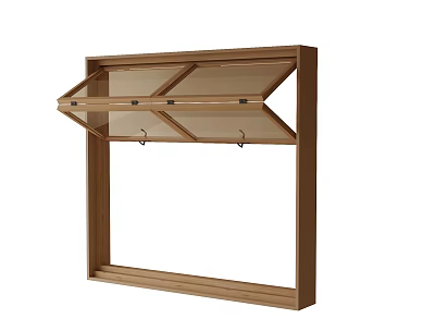Wooden Wall Mounted Cabinet with Open Glass Doors and Hooks for Storage 3d model