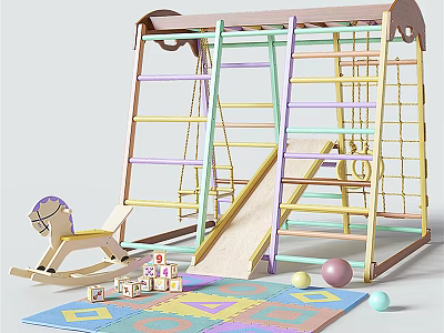 Kids Wooden Play Equipment With Swings Slide Ladders Rocking Horse Building Blocks And Colorful Mat 3d model